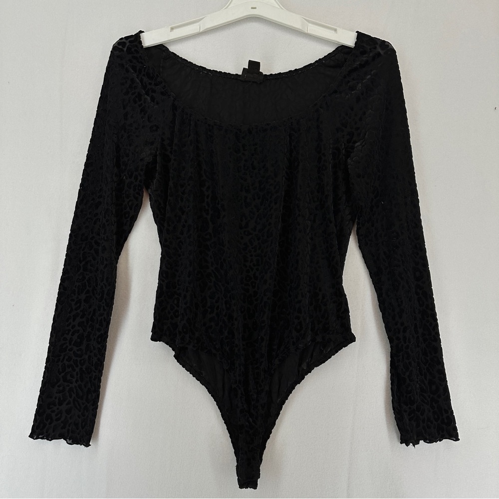 Free Press Leopard Print Bodysuit Womans Size Large Black